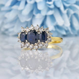 Ellibelle Jewellery Vintage Blue Sapphire & Diamond Yellow Gold Triple Cluster Ring
