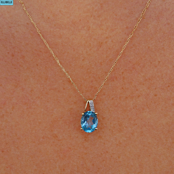 Ellibelle Jewellery VINTAGE BLUE TOPAZ & DIAMOND 9CT GOLD PENDANT NECKLACE