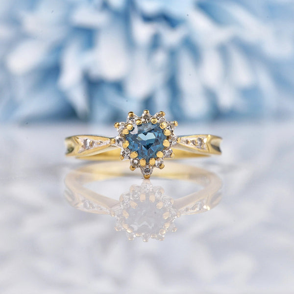 Ellibelle Jewellery Vintage Blue Topaz & Diamond 9ct Gold Sweetheart Ring