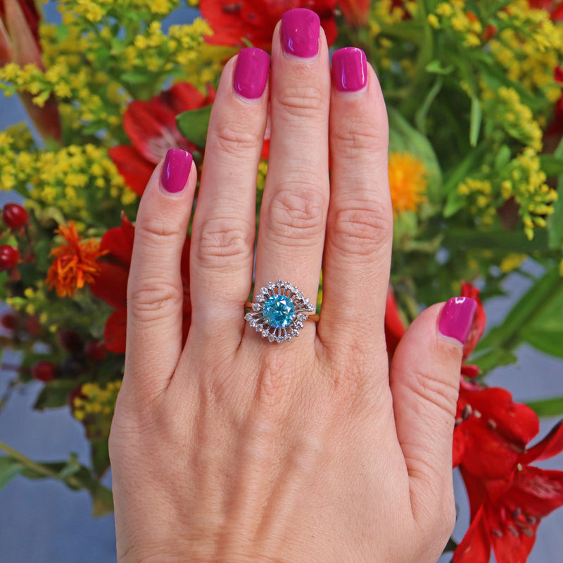Ellibelle Jewellery Vintage Blue Zircon & Diamond Gold Cocktail Ring