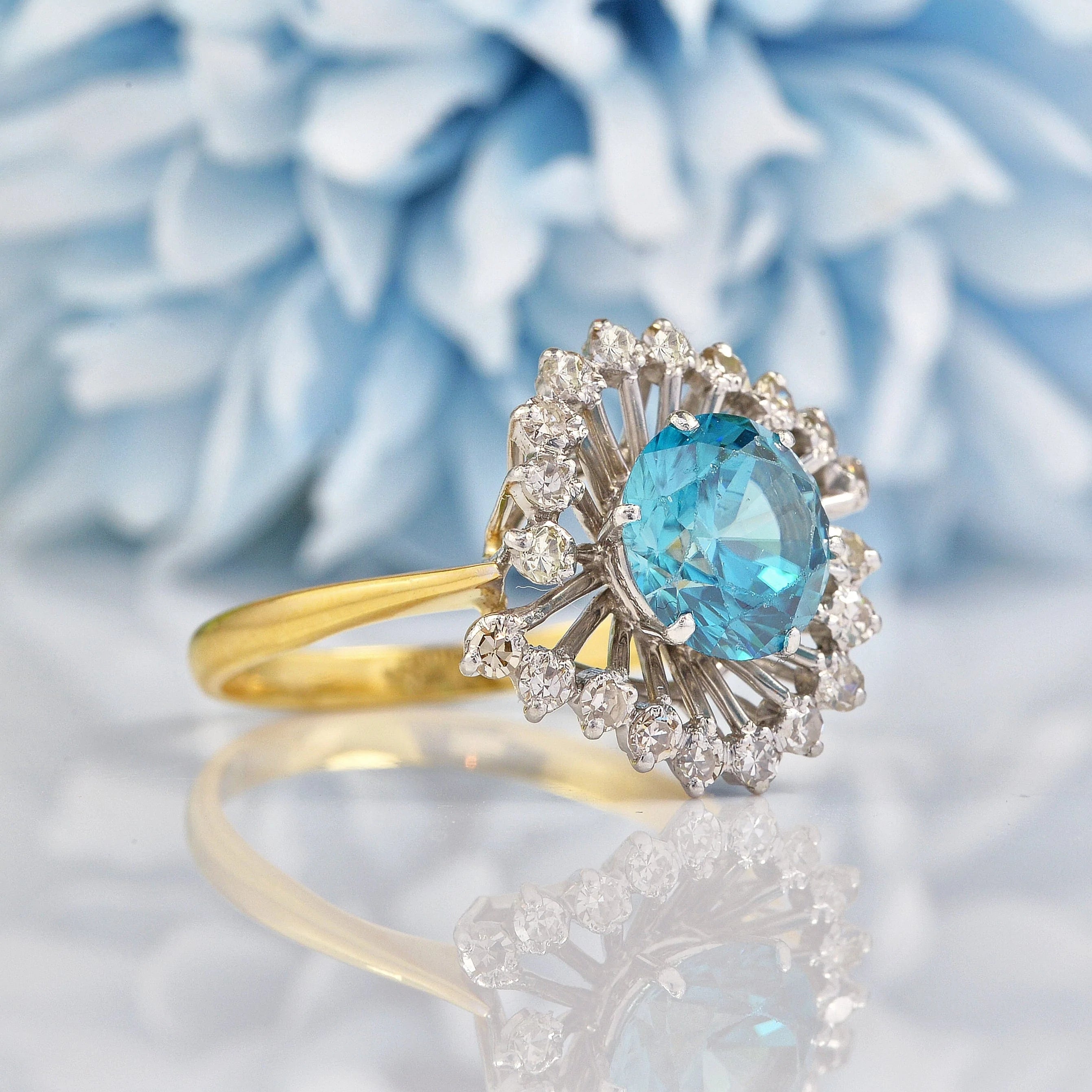 Vintage Blue Zircon Diamond Gold Cocktail Ring