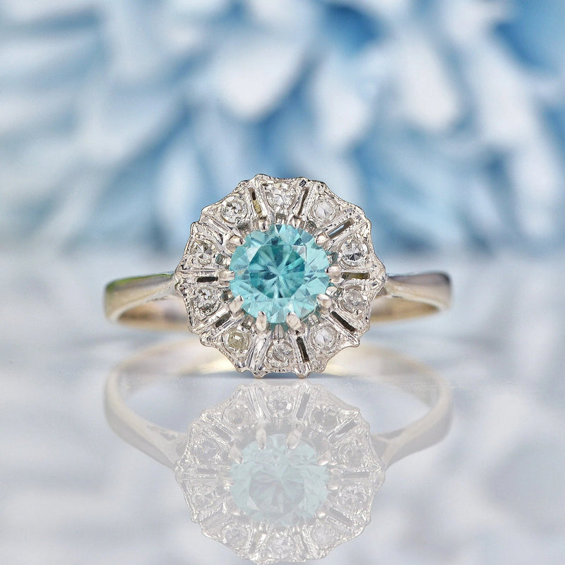 Ellibelle Jewellery Vintage Blue Zircon & Diamond White Gold Daisy Ring