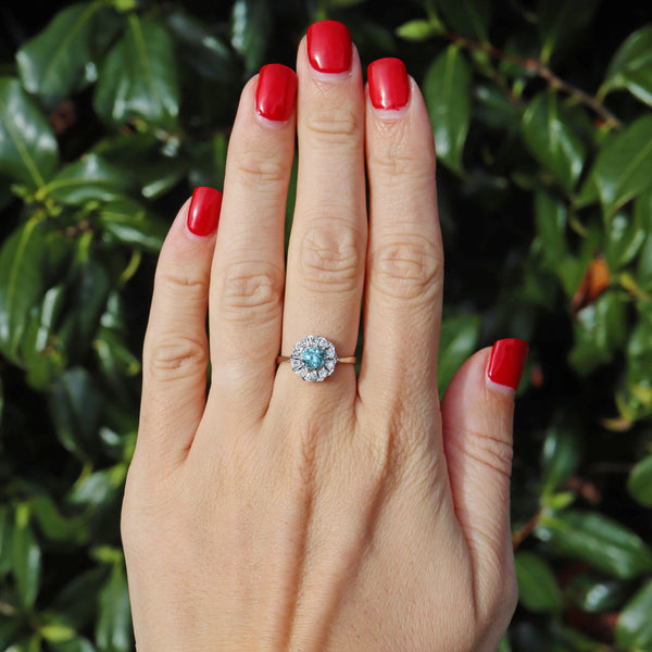 Ellibelle Jewellery Vintage Blue Zircon & Diamond White Gold Daisy Ring