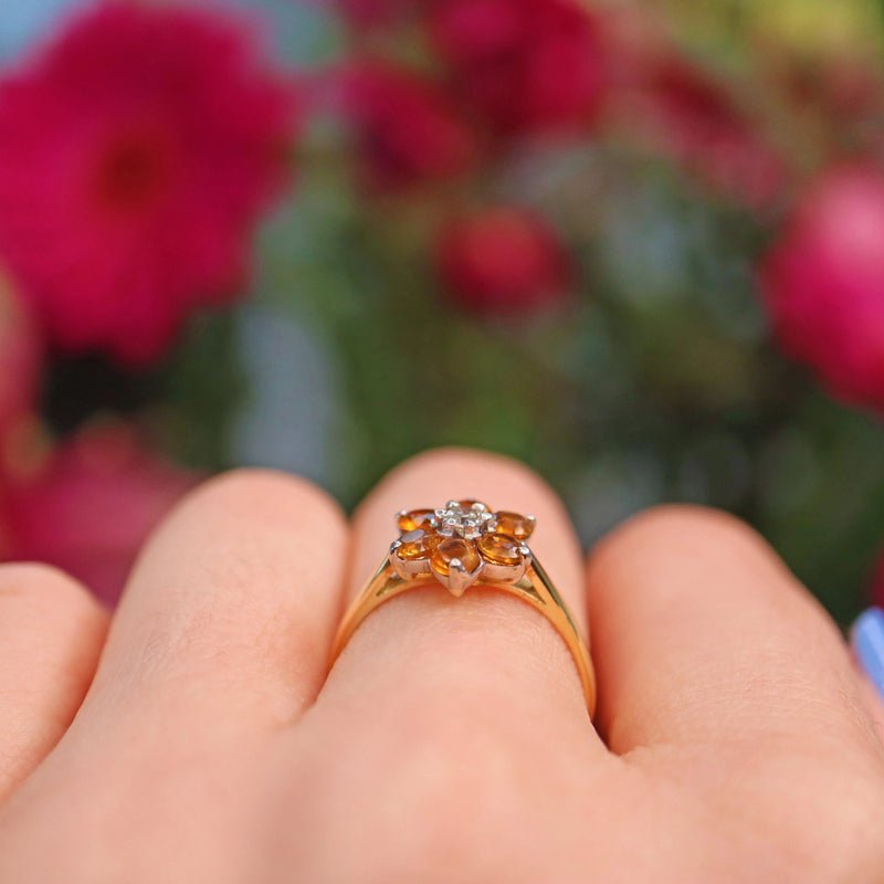 Ellibelle Jewellery Vintage Citrine & Diamond 18ct Yellow Gold Daisy Ring