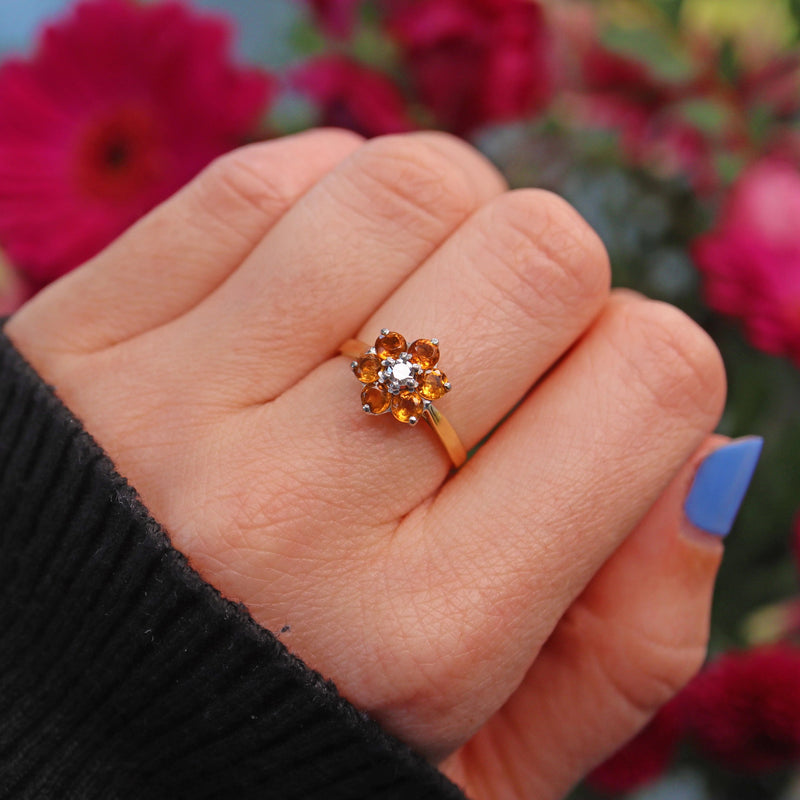 Ellibelle Jewellery Vintage Citrine & Diamond 18ct Yellow Gold Daisy Ring