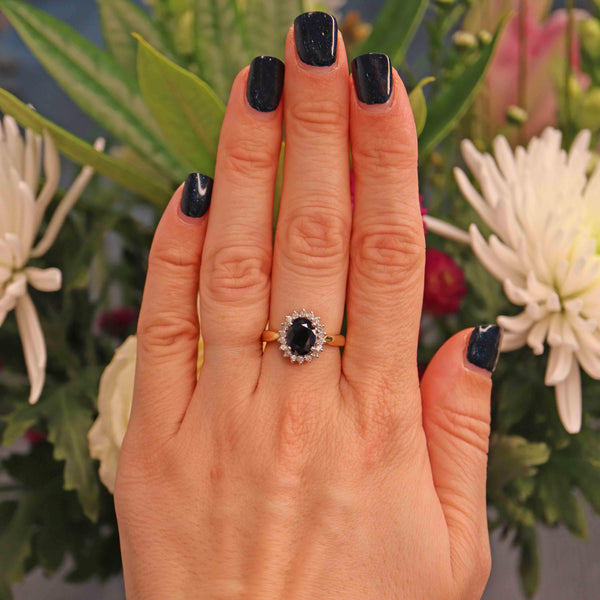 Ellibelle Jewellery Vintage Dark Sapphire & Diamond 18ct Gold Cluster Ring