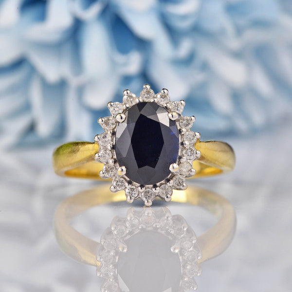 Ellibelle Jewellery Vintage Dark Sapphire & Diamond 18ct Gold Cluster Ring