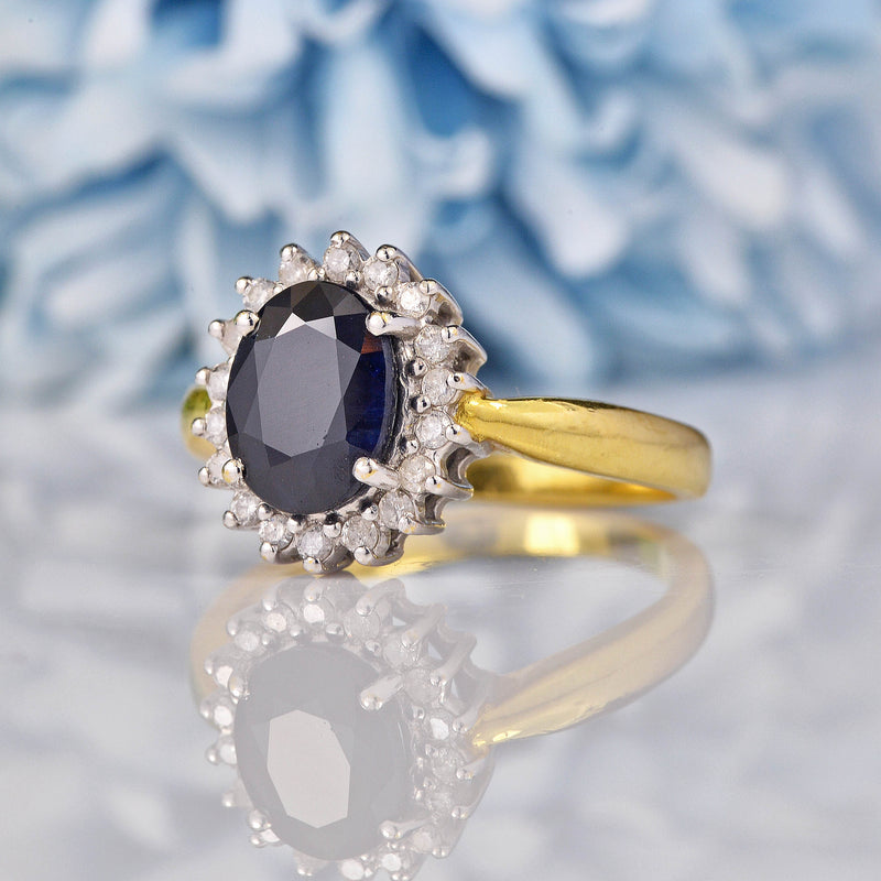 Ellibelle Jewellery Vintage Dark Sapphire & Diamond 18ct Gold Cluster Ring