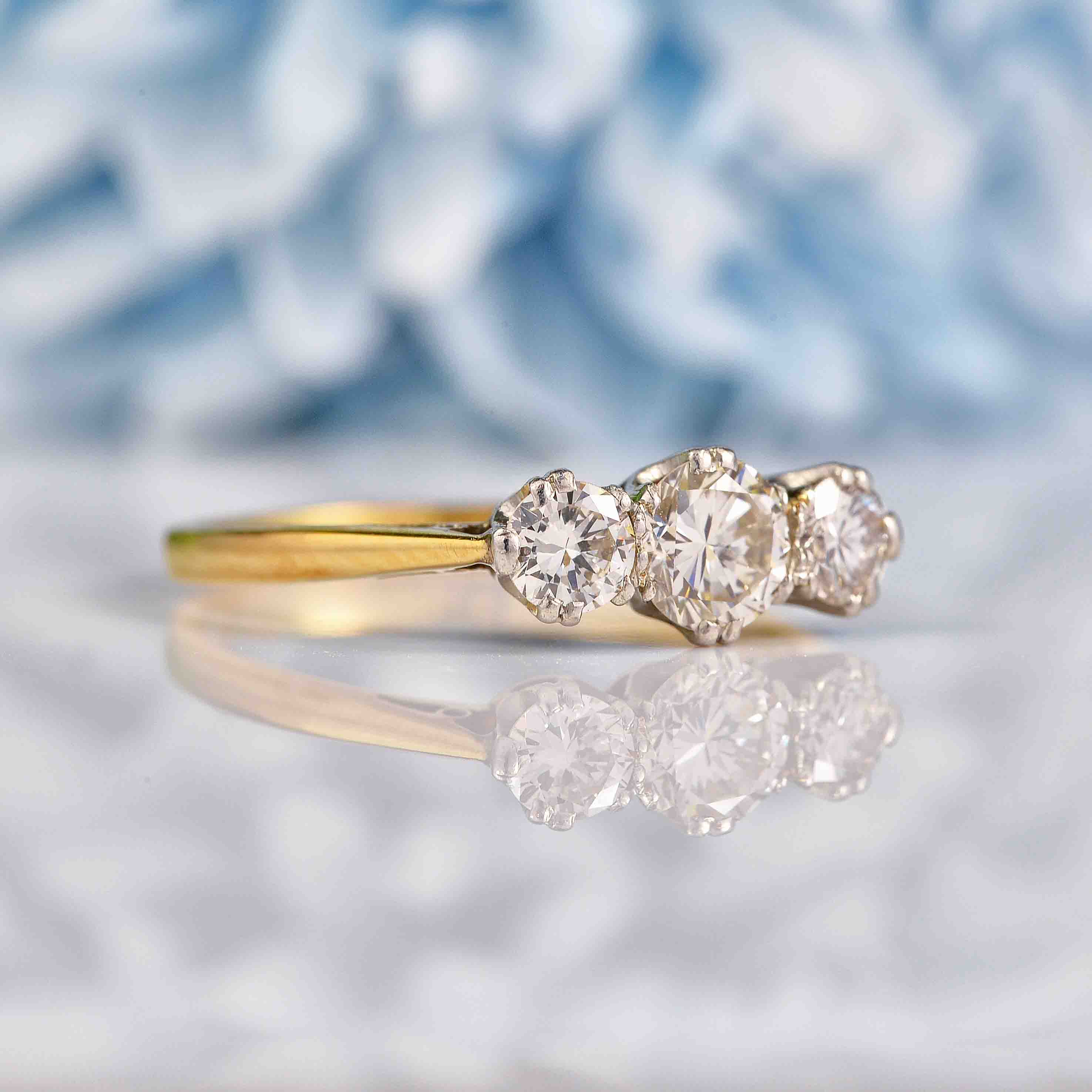 Ellibelle Jewellery Vintage Diamond 18ct Gold Three Stone Engagement Ring (0.90cts)