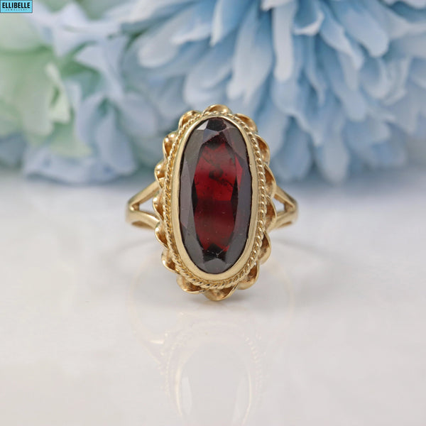 VINTAGE EDWARDIAN STYLE ALMANDINE GARNET 9CT GOLD SOLITAIRE RING