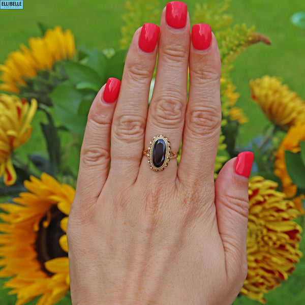 VINTAGE EDWARDIAN STYLE ALMANDINE GARNET 9CT GOLD SOLITAIRE RING