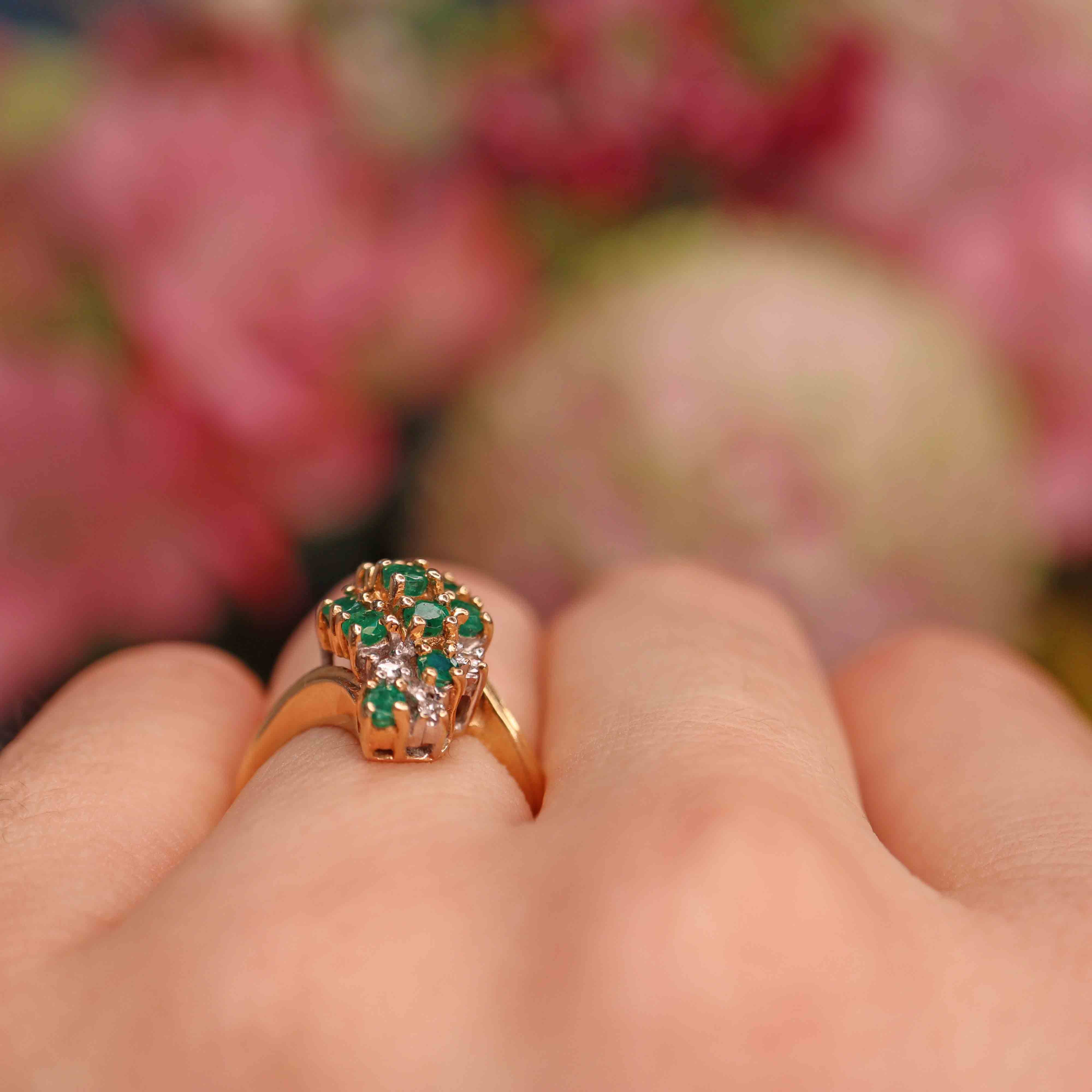 Ellibelle Jewellery Vintage Emerald & Diamond 14k Gold Cocktail Ring