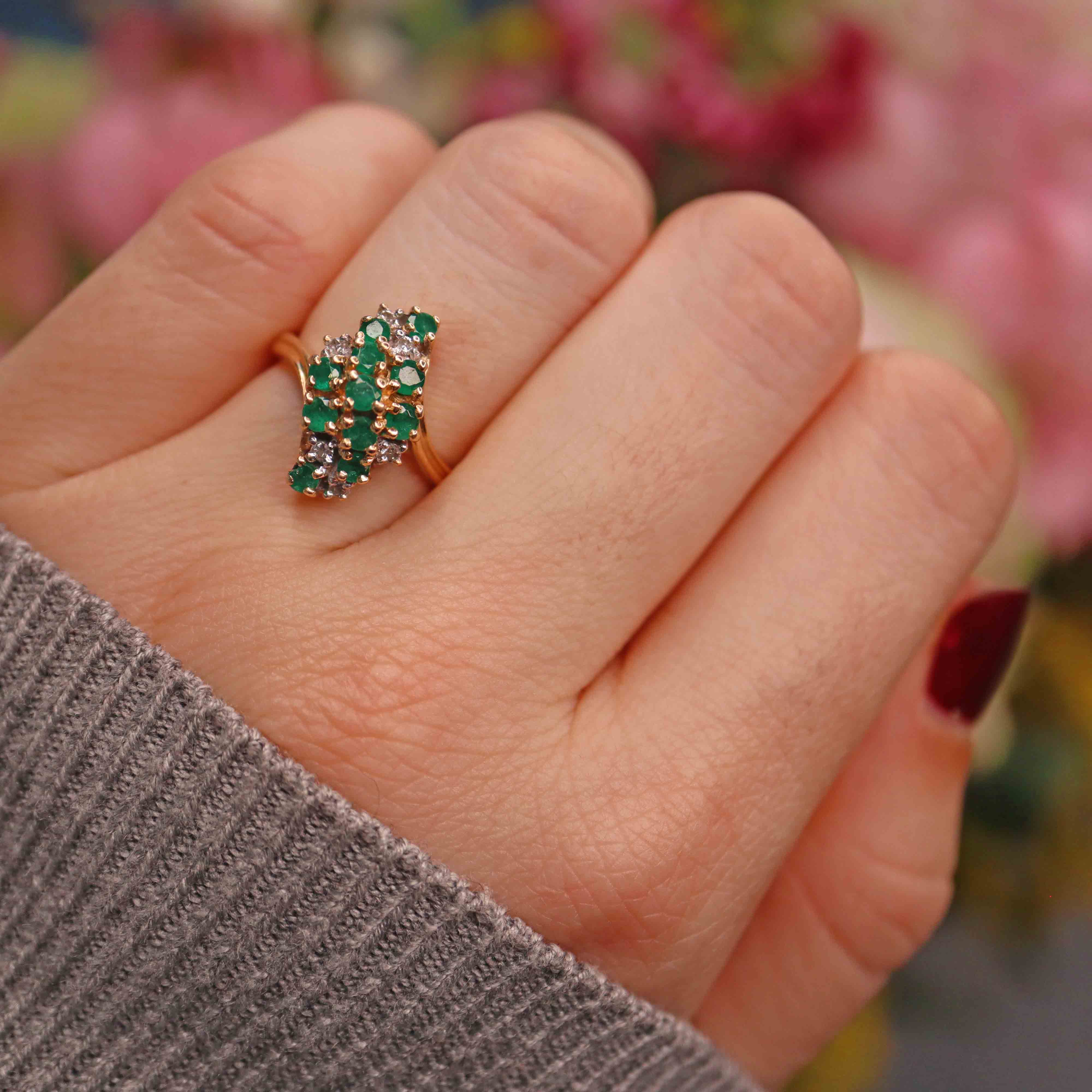 Ellibelle Jewellery Vintage Emerald & Diamond 14k Gold Cocktail Ring