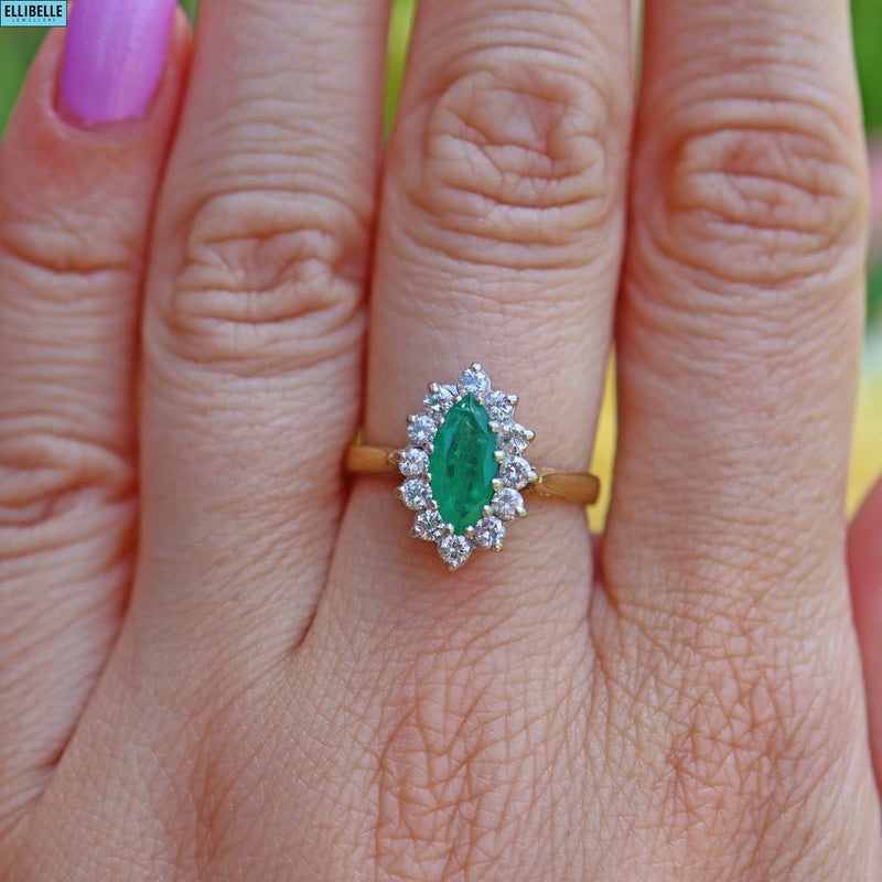 VINTAGE EMERALD & DIAMOND 18CT GOLD MARQUISE CLUSTER RING - 1981