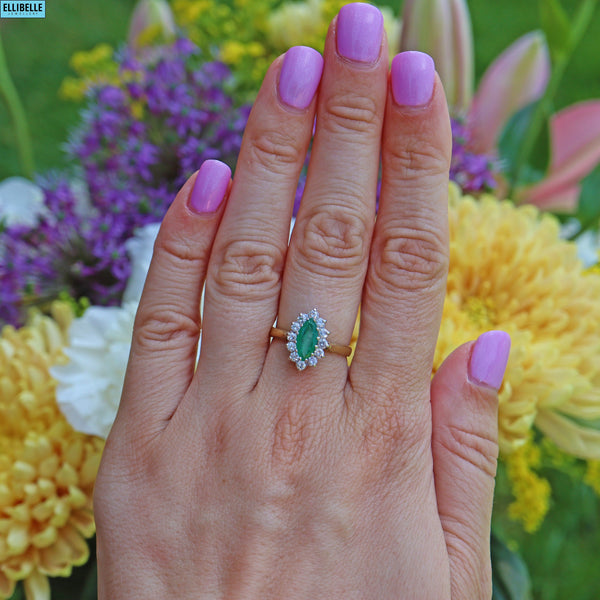 VINTAGE EMERALD & DIAMOND 18CT GOLD MARQUISE CLUSTER RING - 1981