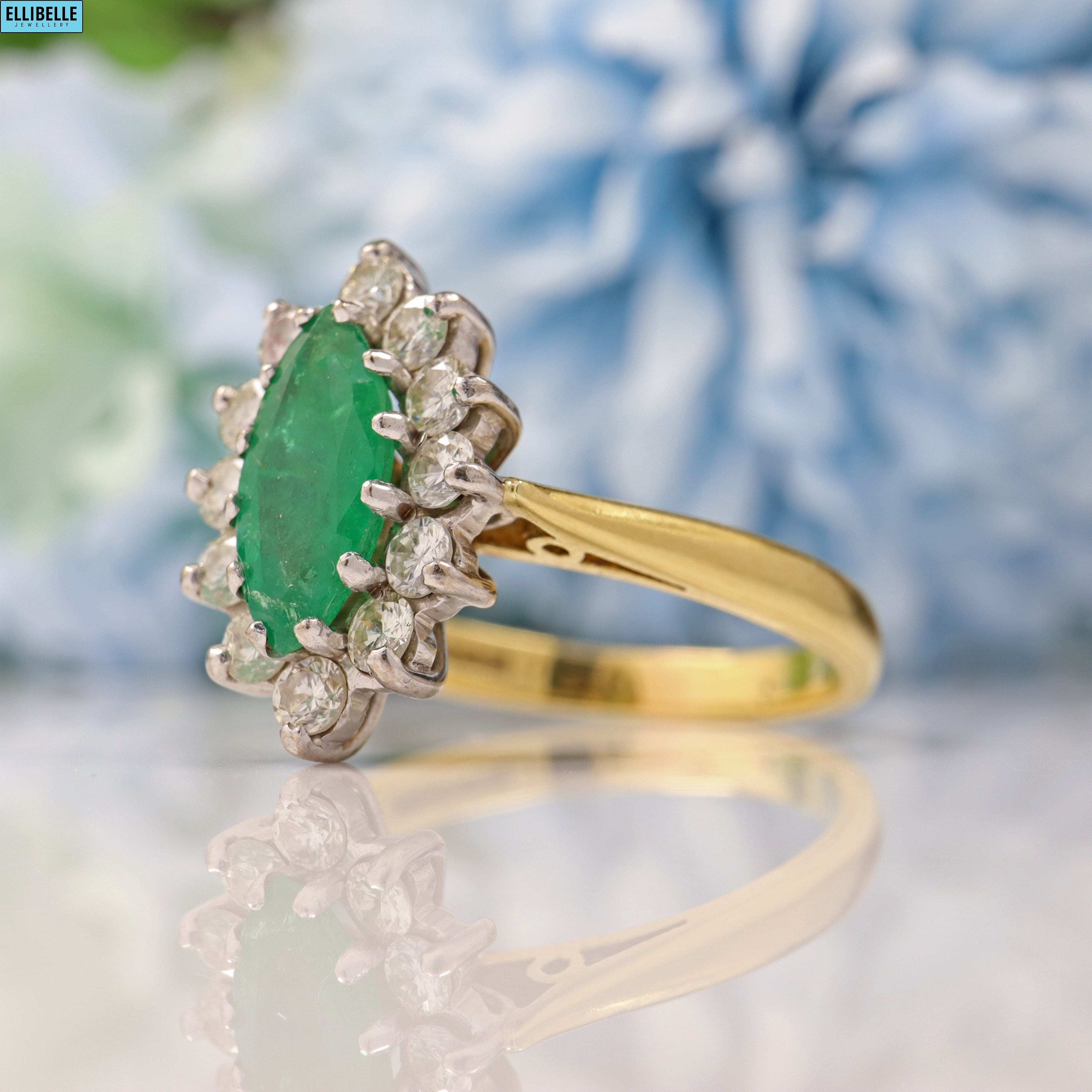 VINTAGE EMERALD & DIAMOND 18CT GOLD MARQUISE CLUSTER RING - 1981
