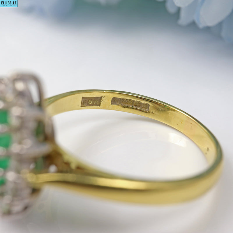 VINTAGE EMERALD & DIAMOND 18CT GOLD MARQUISE CLUSTER RING - 1981