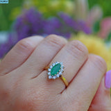 VINTAGE EMERALD & DIAMOND 18CT GOLD MARQUISE CLUSTER RING - 1981
