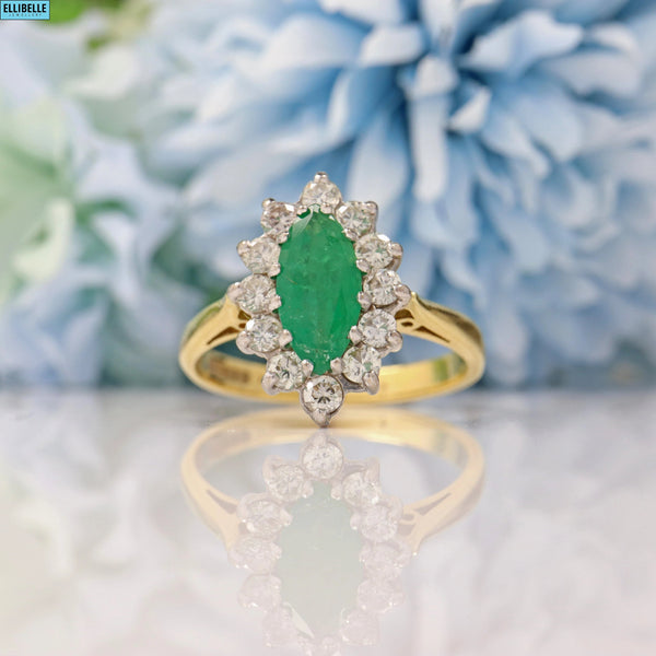 VINTAGE EMERALD & DIAMOND 18CT GOLD MARQUISE CLUSTER RING - 1981