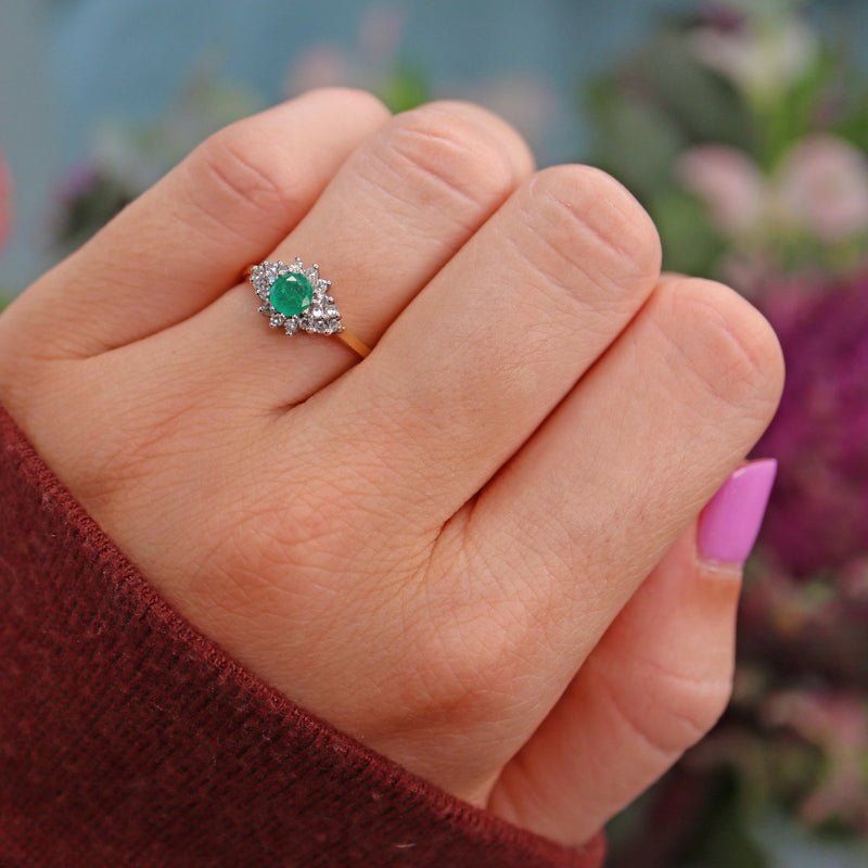 Ellibelle Jewellery Vintage Emerald & Diamond 18ct Gold Kite Cluster Ring