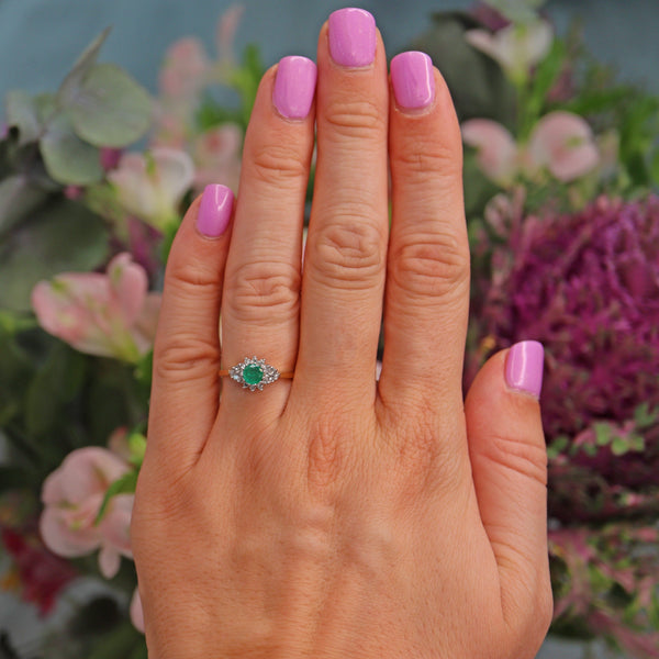 Ellibelle Jewellery Vintage Emerald & Diamond 18ct Gold Kite Cluster Ring