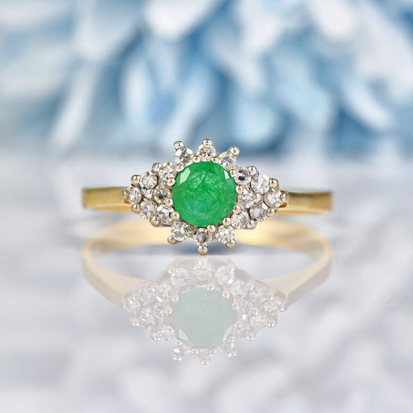Ellibelle Jewellery Vintage Emerald & Diamond 18ct Gold Kite Cluster Ring
