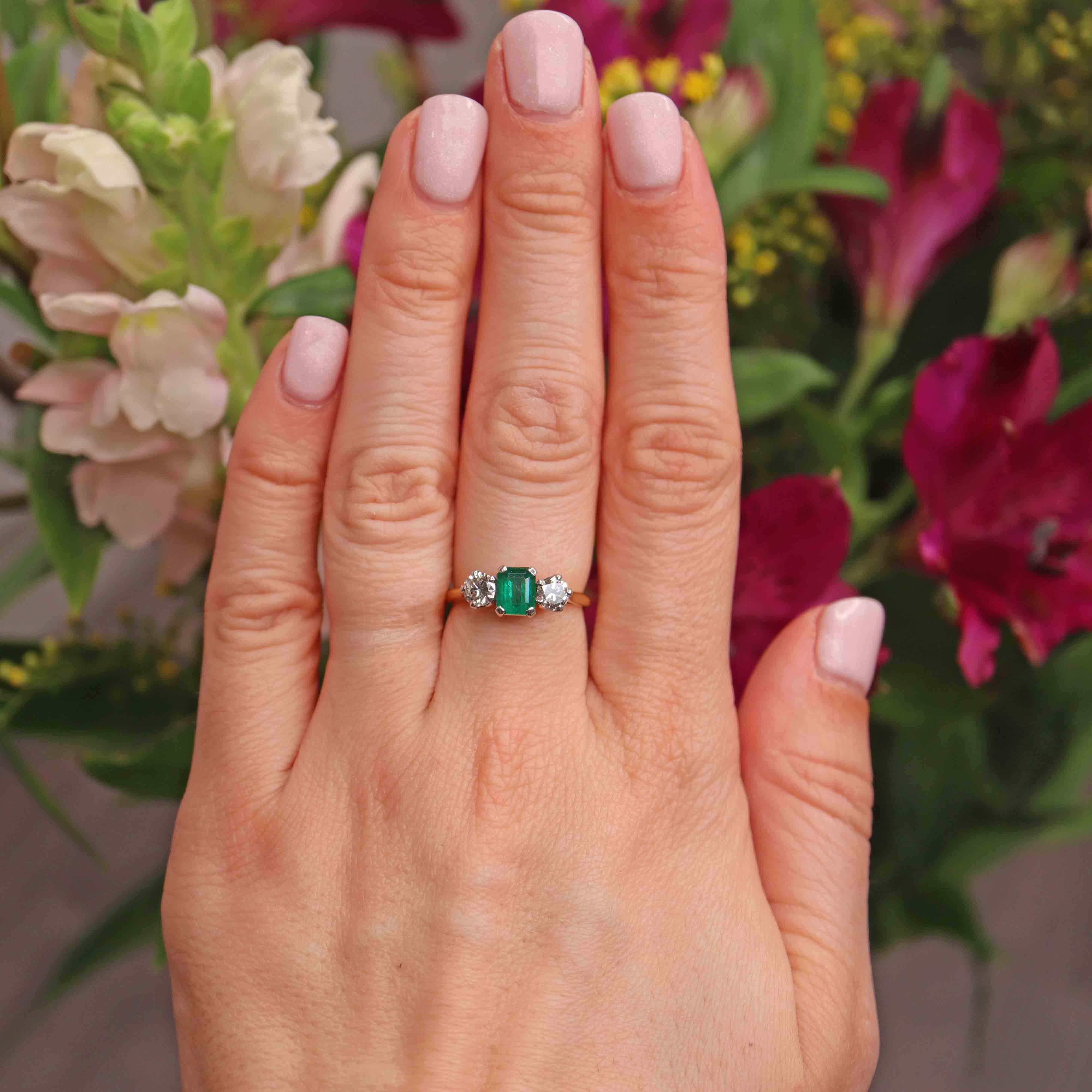 Vintage Emerald Diamond 18ct Gold Three Stone Engagement Ring