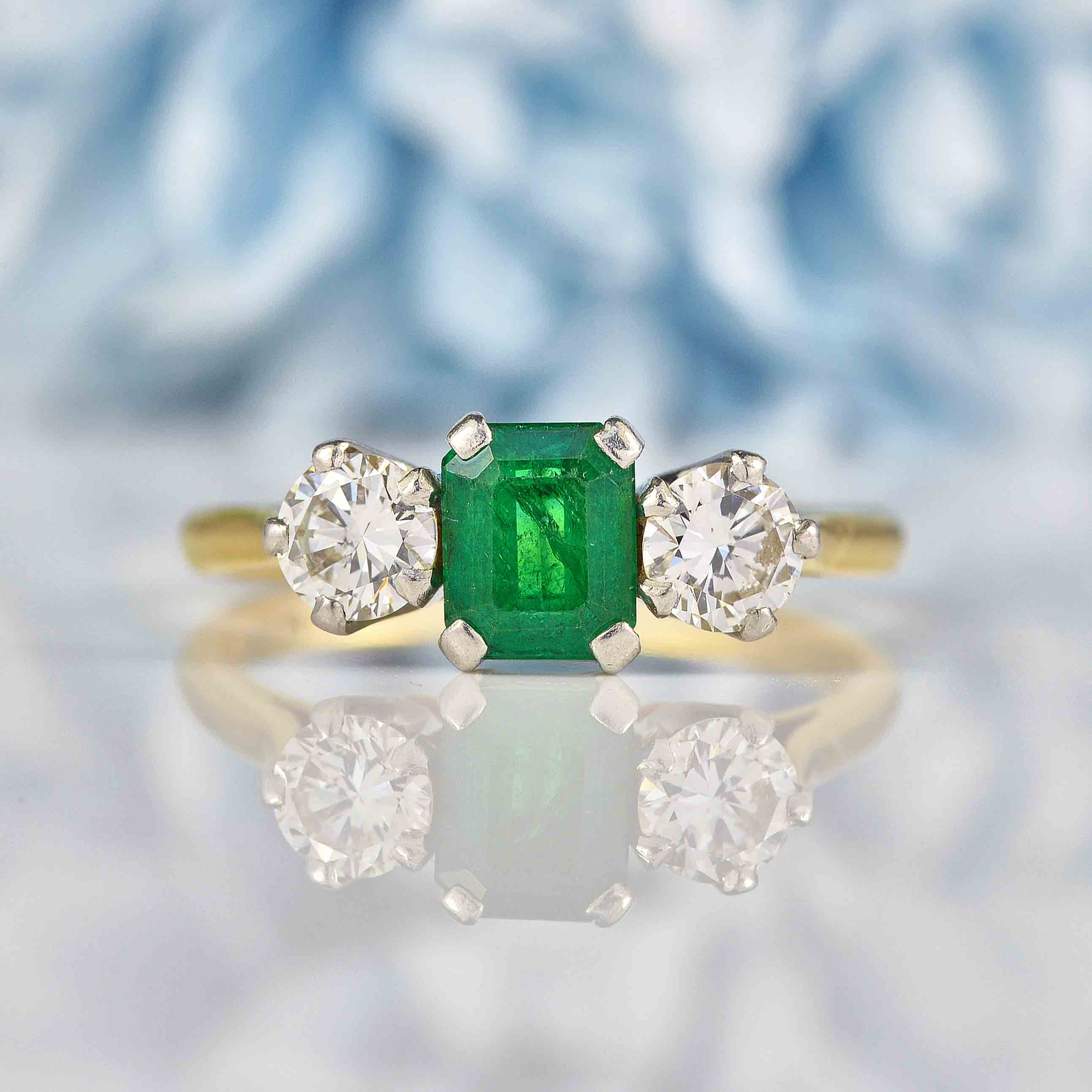 Ellibelle Jewellery Vintage Emerald & Diamond 18ct Gold Three Stone Engagement Ring