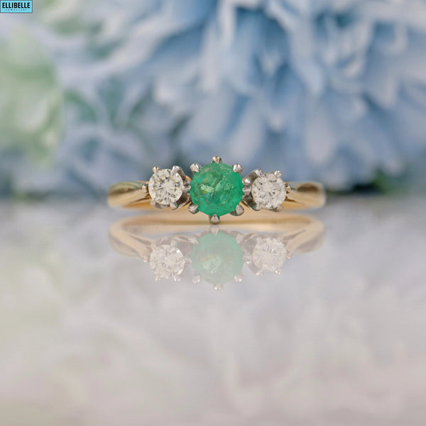 VINTAGE EMERALD & DIAMOND 18CT GOLD THREE-STONE RING
