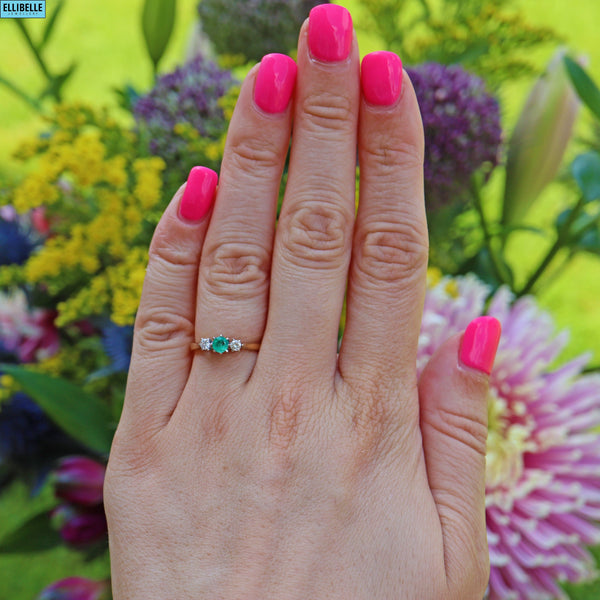 VINTAGE EMERALD & DIAMOND 18CT GOLD THREE-STONE RING