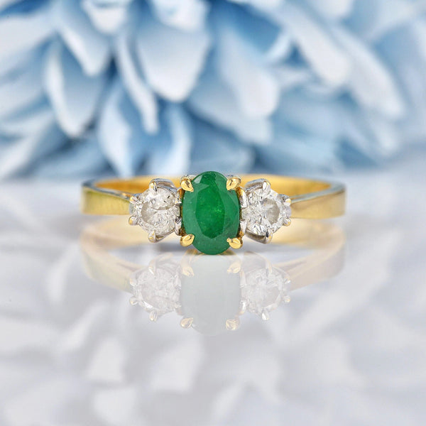 Ellibelle Jewellery Vintage Emerald & Diamond 18ct Gold Three Stone Trilogy Ring