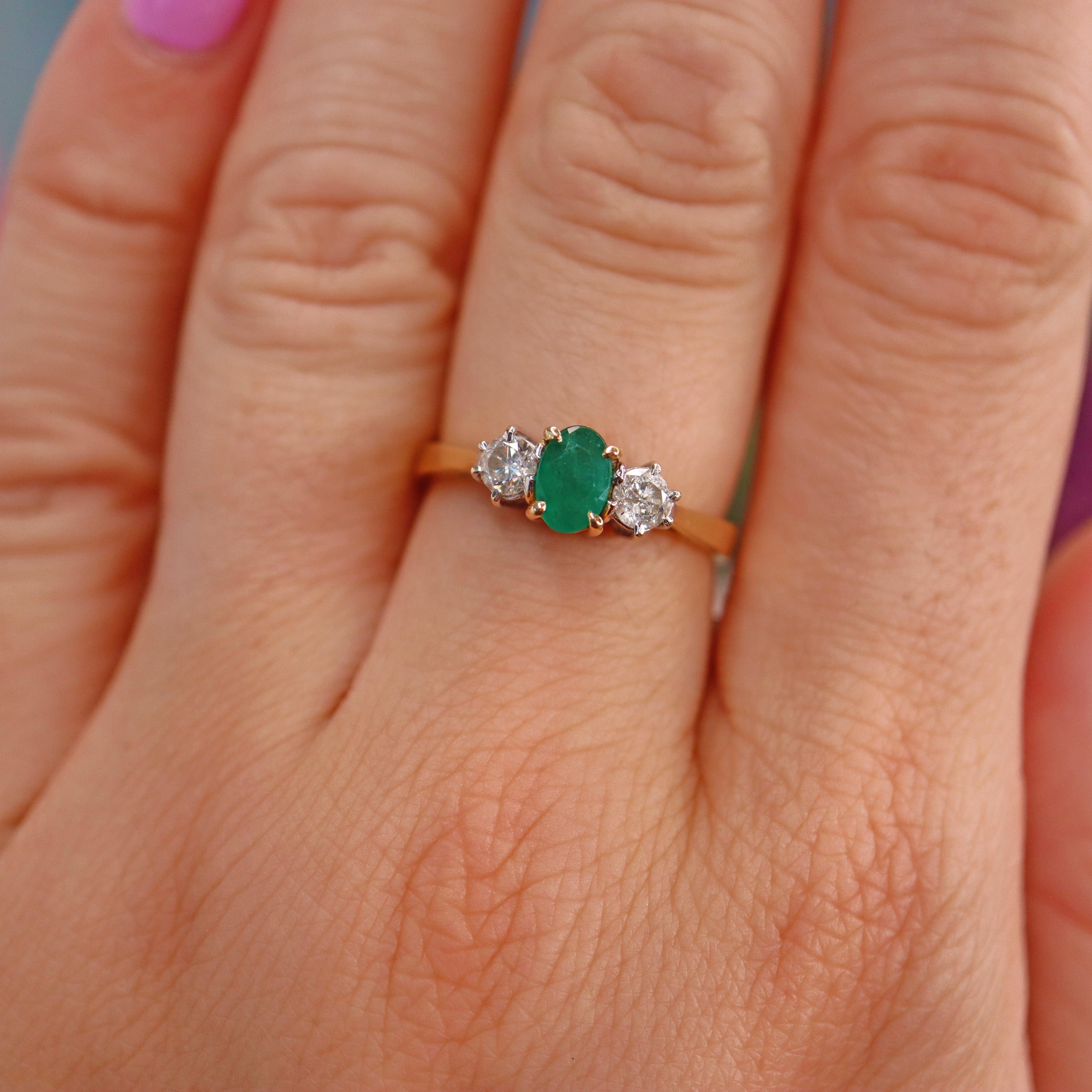 Ellibelle Jewellery Vintage Emerald & Diamond 18ct Gold Three Stone Trilogy Ring