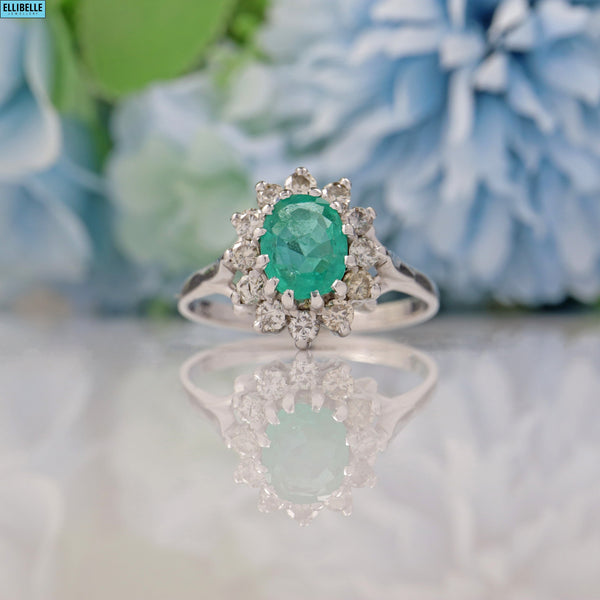 VINTAGE EMERALD & DIAMOND 18CT WHITE GOLD CLUSTER RING