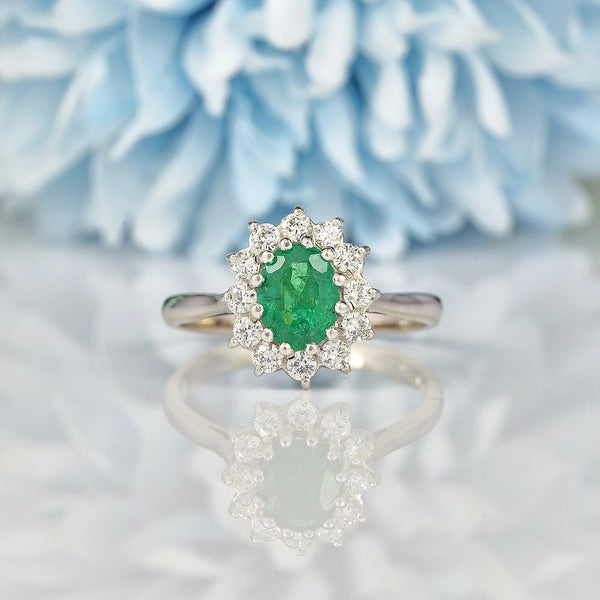 Ellibelle Jewellery VINTAGE EMERALD & DIAMOND 18CT WHITE GOLD CLUSTER RING