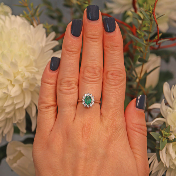 Ellibelle Jewellery VINTAGE EMERALD & DIAMOND 18CT WHITE GOLD CLUSTER RING