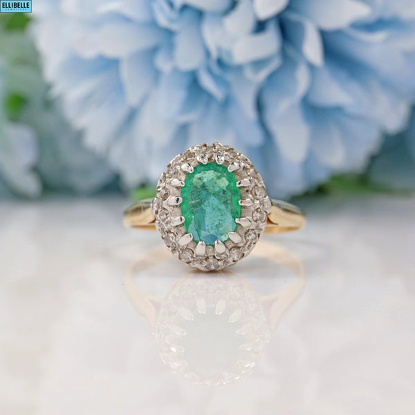 VINTAGE EMERALD & DIAMOND 9CT GOLD HALO RING