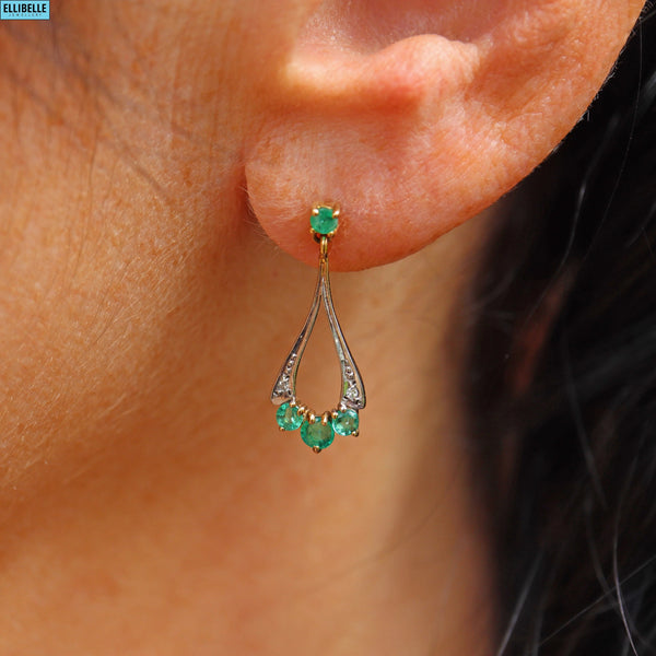 VINTAGE EMERALD & DIAMOND 9CT GOLD PENDANT EARRINGS
