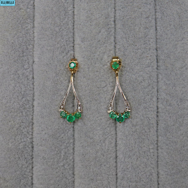 VINTAGE EMERALD & DIAMOND 9CT GOLD PENDANT EARRINGS