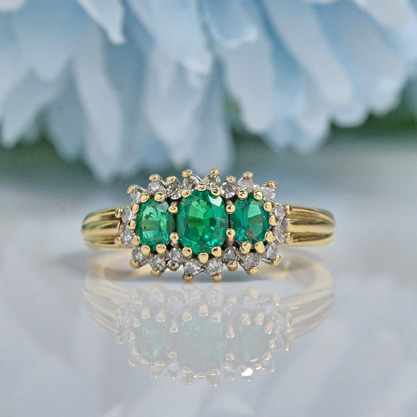 Ellibelle Jewellery VINTAGE EMERALD & DIAMOND 9CT GOLD TRIPLE CLUSTER RING