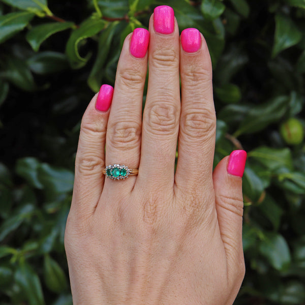 Ellibelle Jewellery VINTAGE EMERALD & DIAMOND 9CT GOLD TRIPLE CLUSTER RING