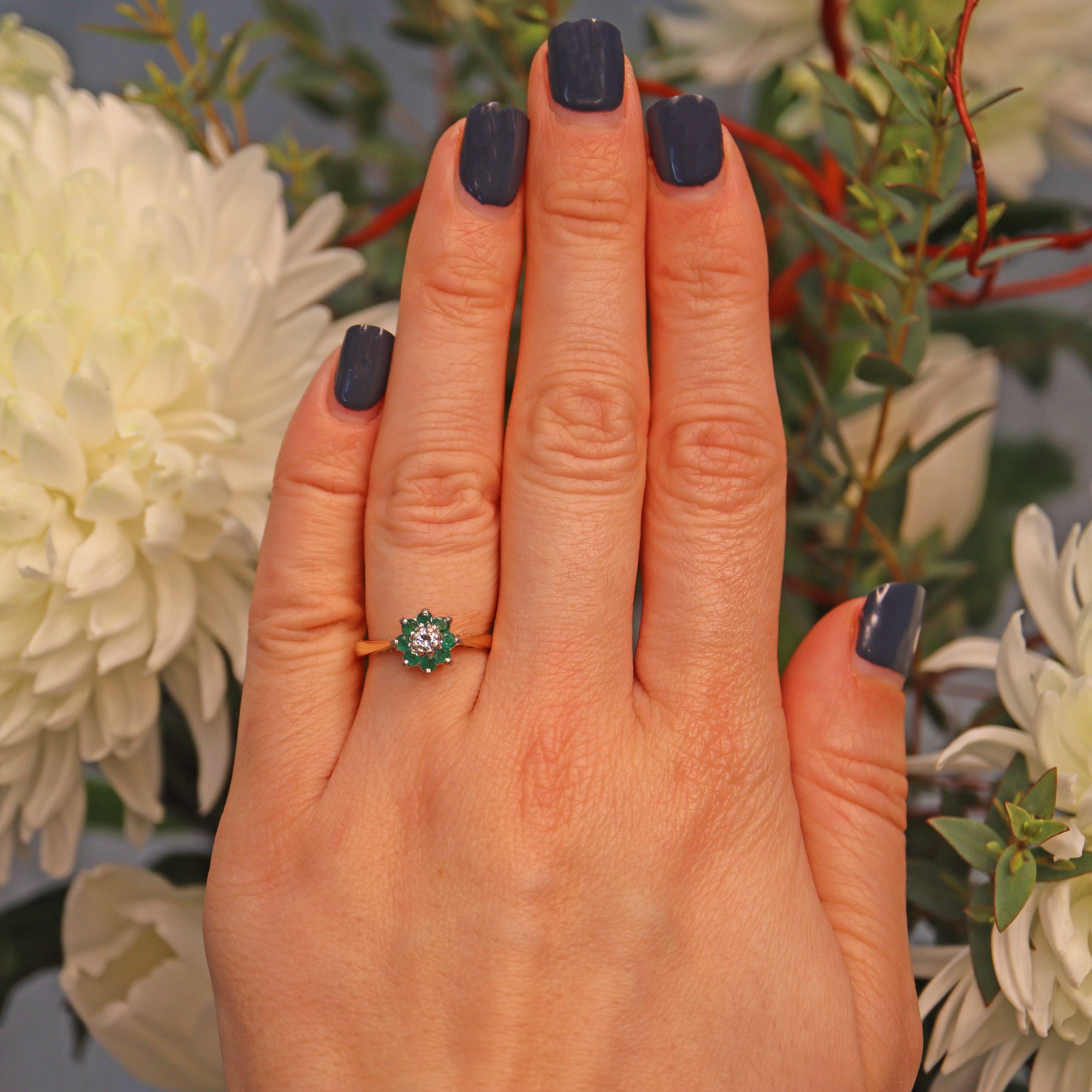 Ellibelle Jewellery VINTAGE EMERALD & DIAMOND CLUSTER RING