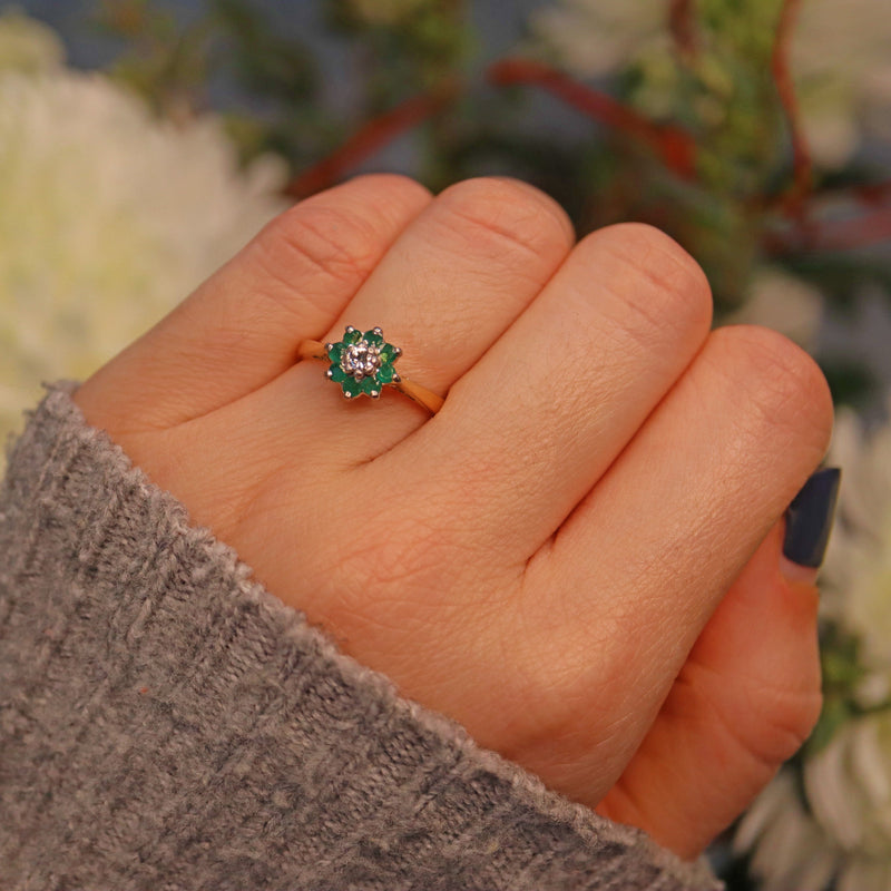 Ellibelle Jewellery VINTAGE EMERALD & DIAMOND CLUSTER RING