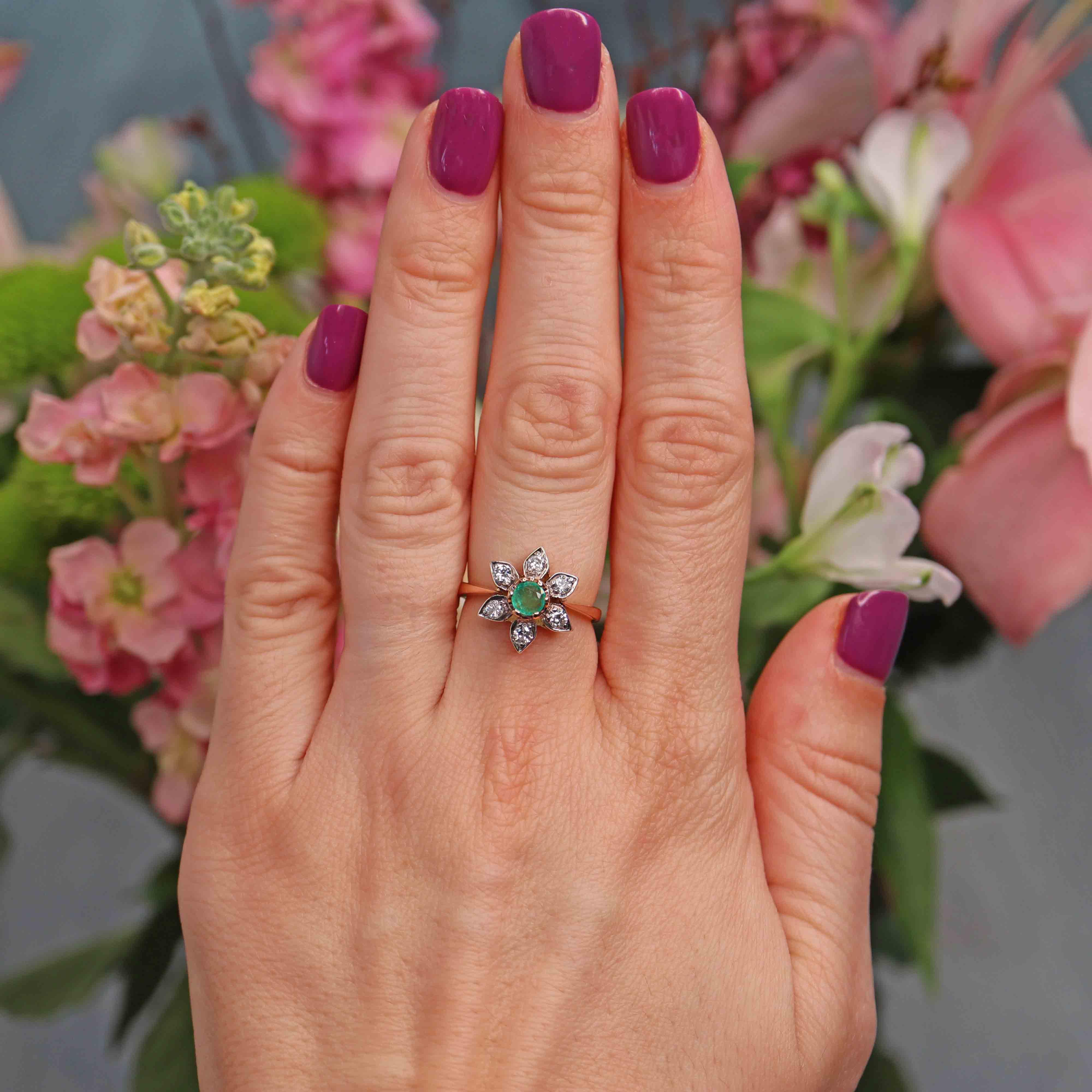 Ellibelle Jewellery Vintage Emerald & Diamond Rose Gold Flower Cluster Ring