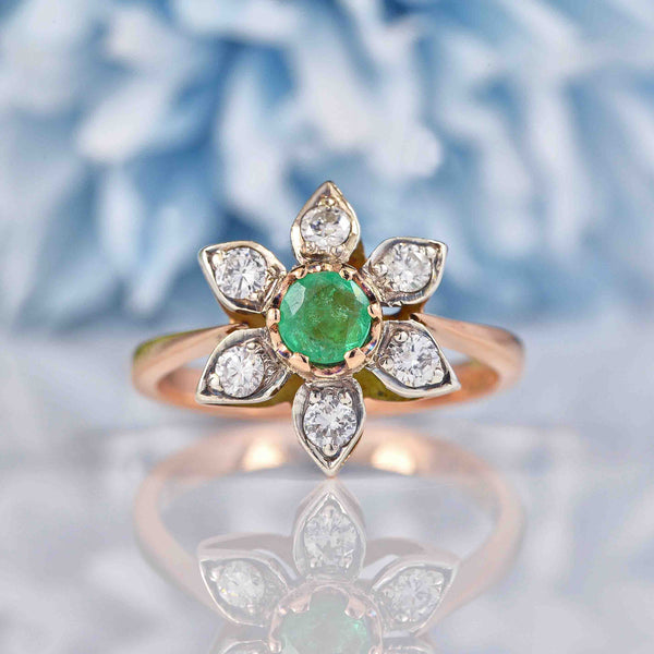 Ellibelle Jewellery Vintage Emerald & Diamond Rose Gold Flower Cluster Ring