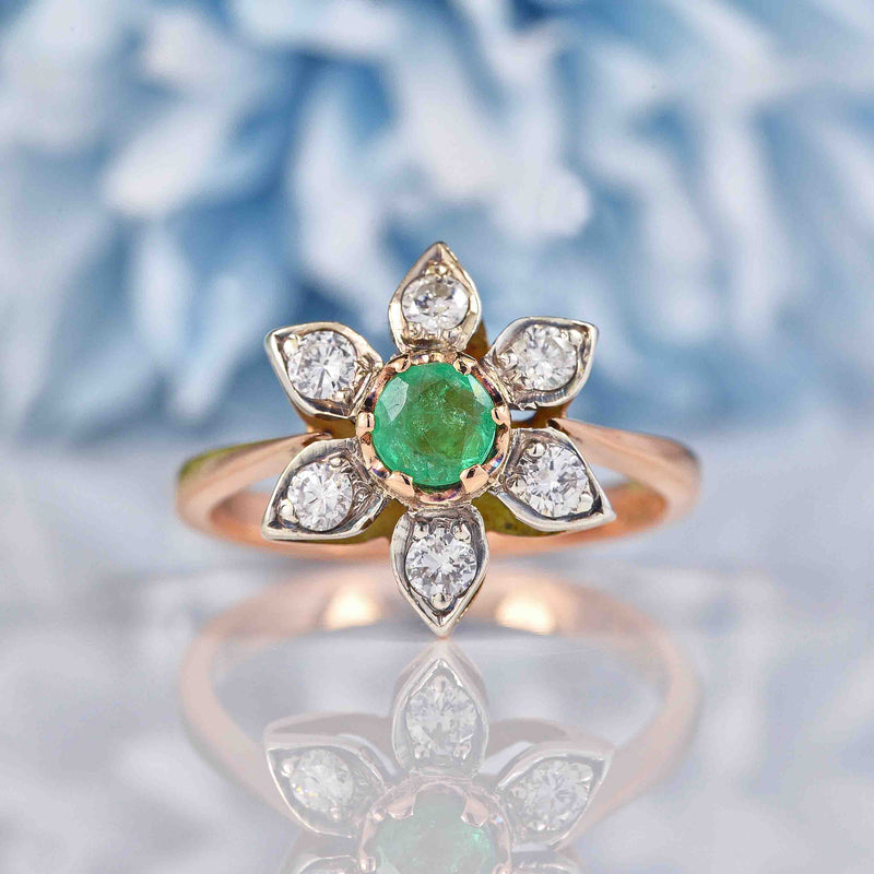 Ellibelle Jewellery Vintage Emerald & Diamond Rose Gold Flower Cluster Ring