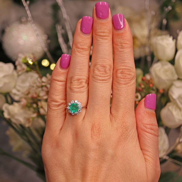 Ellibelle Jewellery VINTAGE EMERALD & DIAMOND WHITE GOLD CLUSTER RING