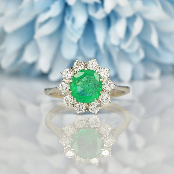 Ellibelle Jewellery VINTAGE EMERALD & DIAMOND WHITE GOLD CLUSTER RING