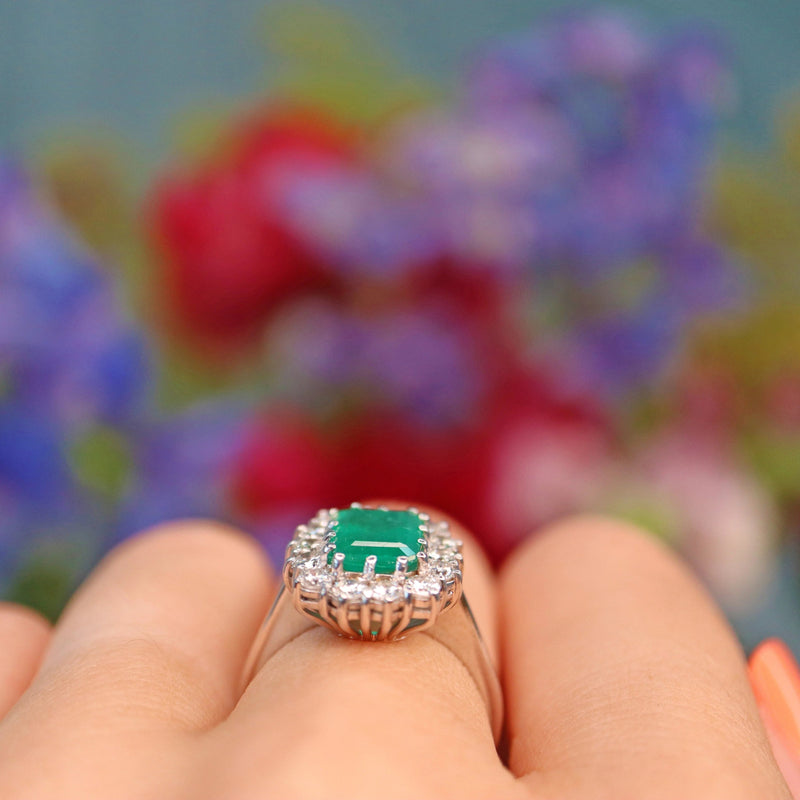 Ellibelle Jewellery Vintage Emerald & Diamond White Gold Cluster Ring