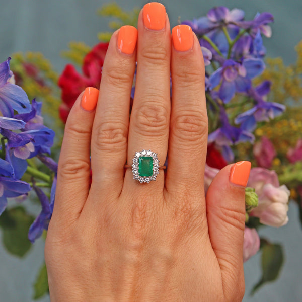 Ellibelle Jewellery Vintage Emerald & Diamond White Gold Cluster Ring
