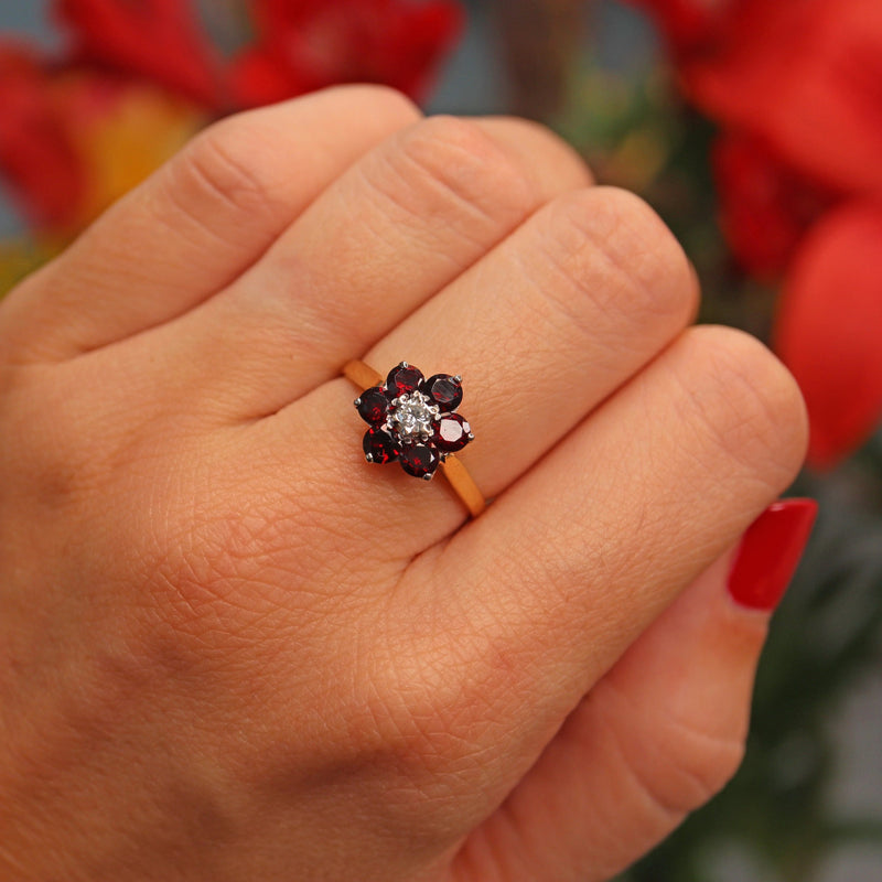 Ellibelle Jewellery Vintage Garnet & Diamond Daisy Cluster Ring